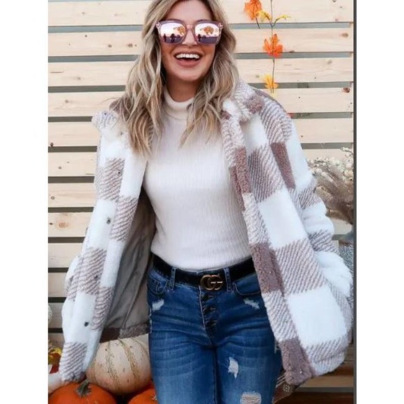 And the Why Jackets & Blazers - Brown Plaid Sherpa Snap Front Pocket Shacket